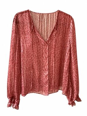 Derek Lam Rose Pink Satin Floral V-Neck Blouse